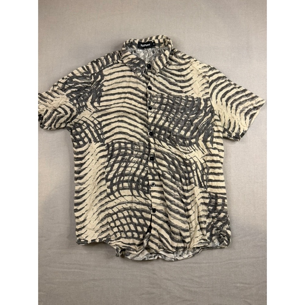 Vatpave Shirt Mens M Beige Short Sleeve Button Up Abstract Wave Zebra Print